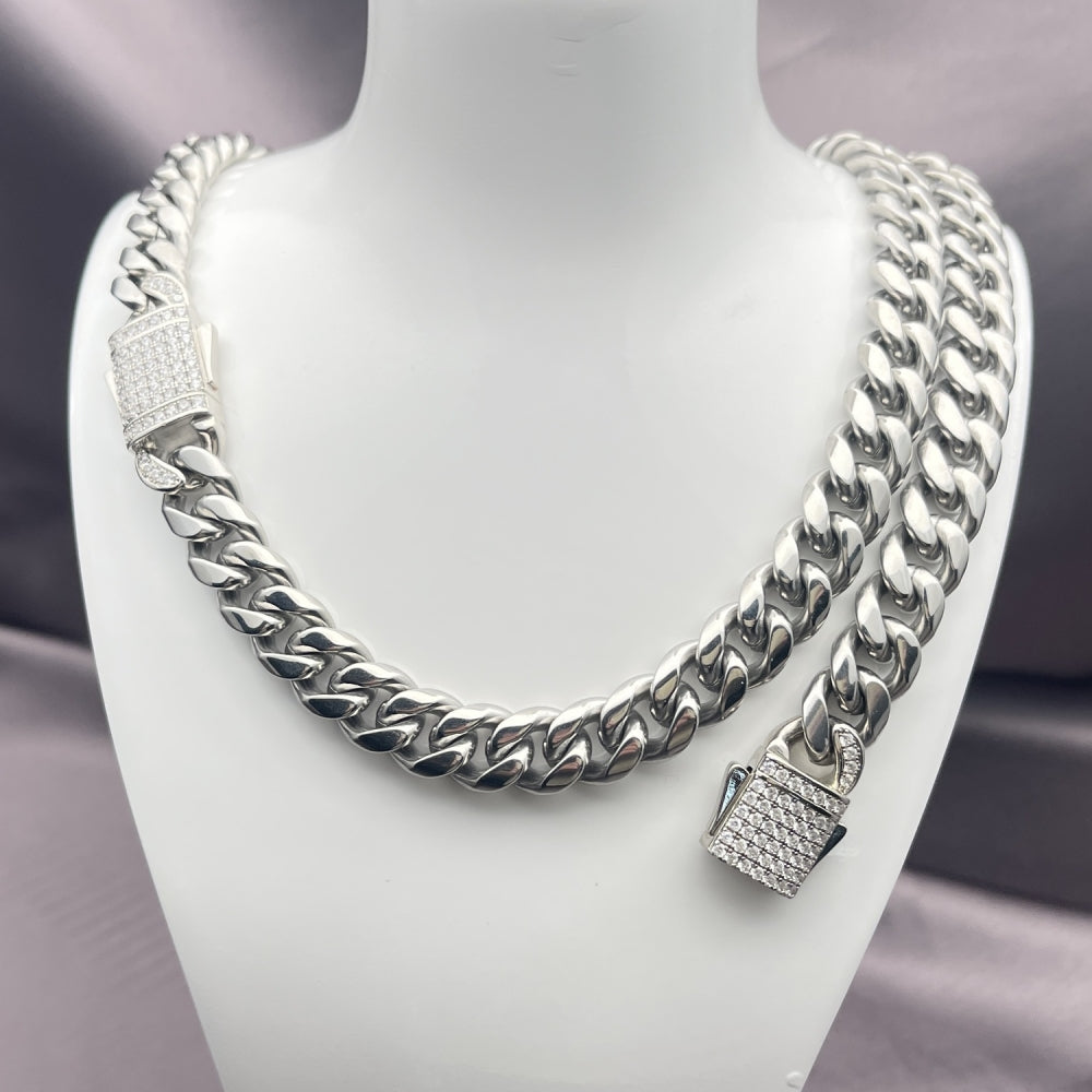 Stainless Steel Necklace and Bracelet, Miami Cuban Design, with White Crystal, Polished, Steel Finish