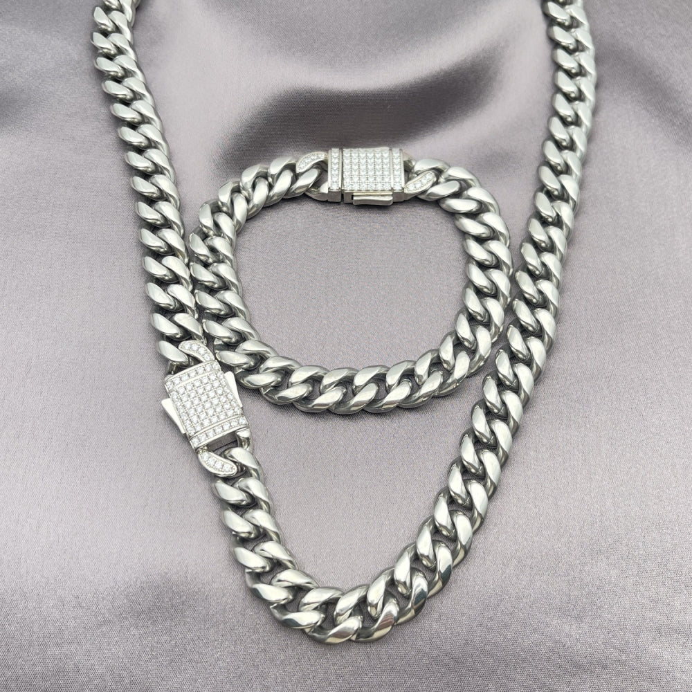 Stainless Steel Necklace and Bracelet, Miami Cuban Design, with White Crystal, Polished, Steel Finish