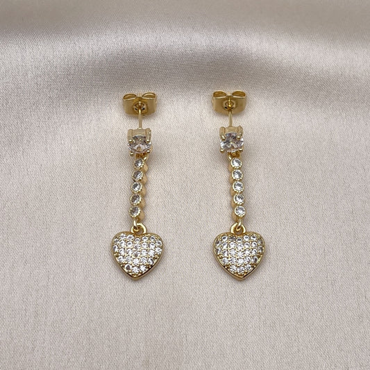 Oro Laminado Long Earring, Gold Filled Style Heart Design, with White Cubic Zirconia and White Micro Pave, Polished, Golden Finish