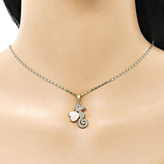 Oro Laminado Pendant Necklace, Gold Filled Style Heart Design, with Rose Mother of Pearl and White Micro Pave, Polished, Golden Finish