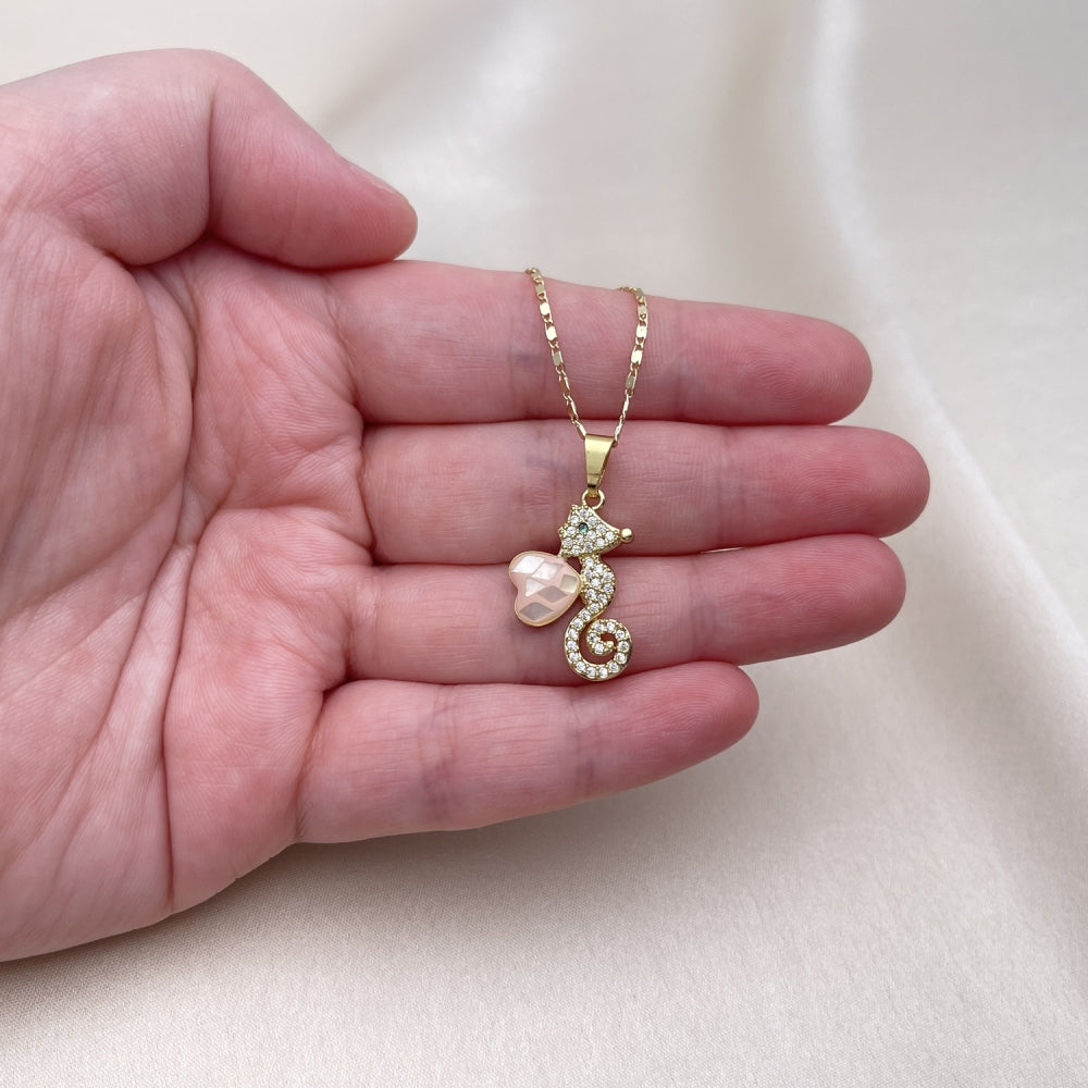 Oro Laminado Pendant Necklace, Gold Filled Style Heart Design, with Rose Mother of Pearl and White Micro Pave, Polished, Golden Finish