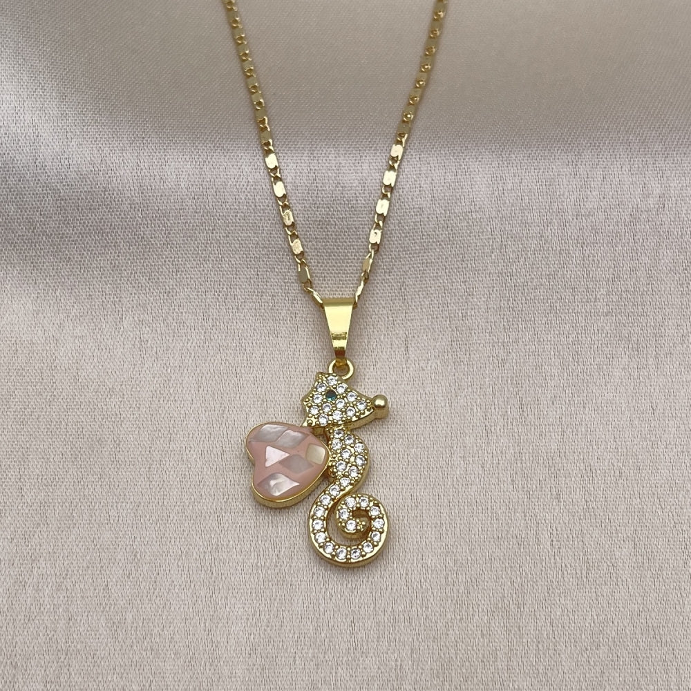 Oro Laminado Pendant Necklace, Gold Filled Style Heart Design, with Rose Mother of Pearl and White Micro Pave, Polished, Golden Finish