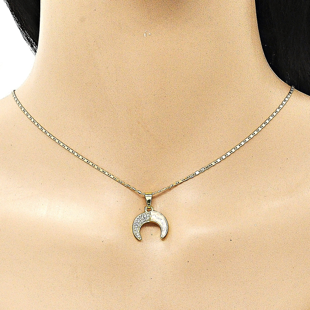 Oro Laminado Pendant Necklace, Gold Filled Style Moon Design, with Rose Mother of Pearl and White Micro Pave, Polished, Golden Finish