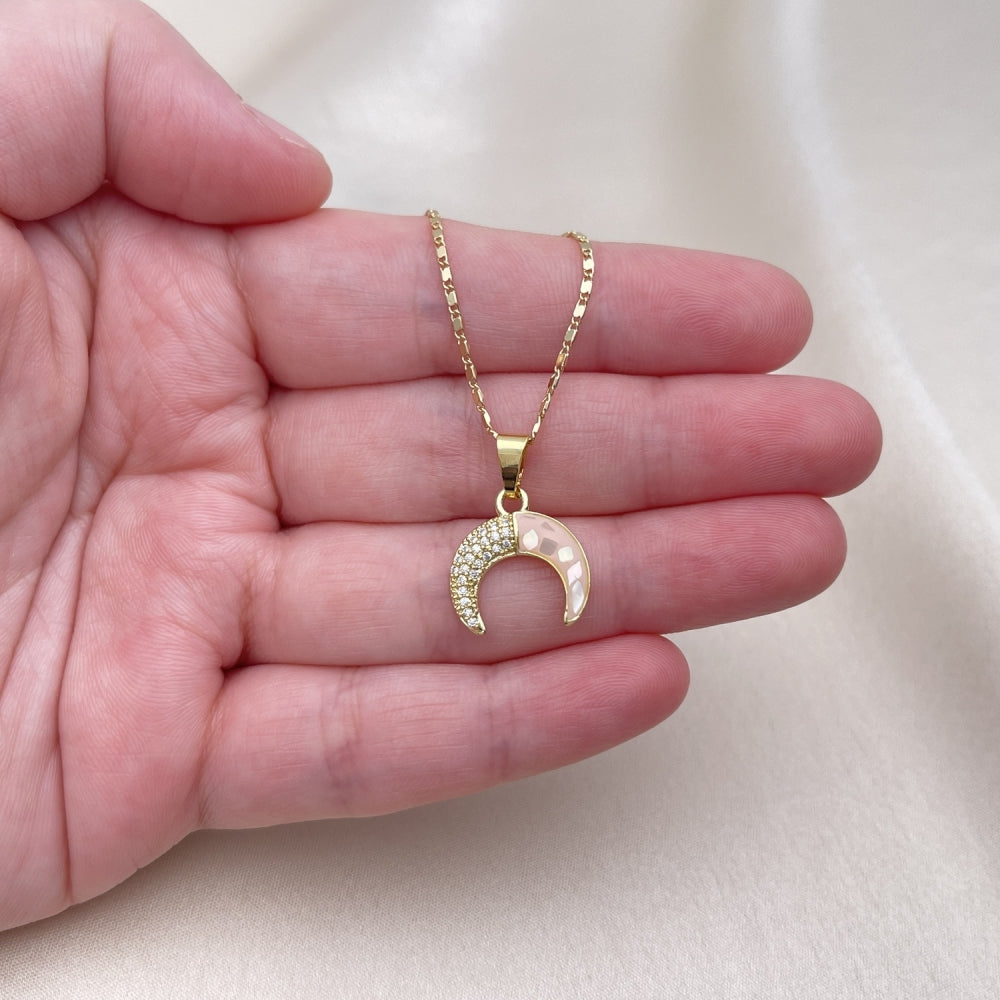 Oro Laminado Pendant Necklace, Gold Filled Style Moon Design, with Rose Mother of Pearl and White Micro Pave, Polished, Golden Finish