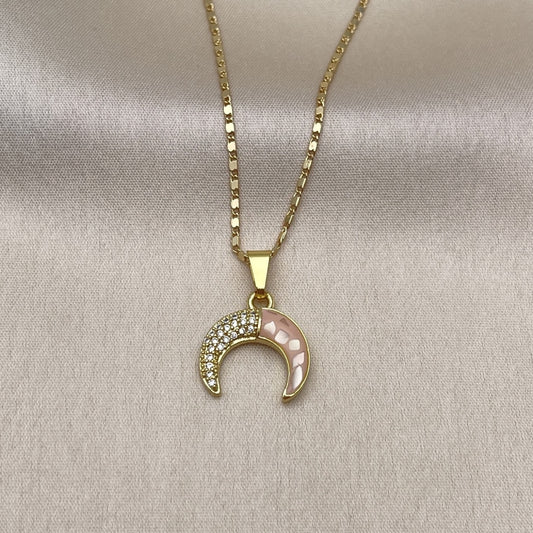 Oro Laminado Pendant Necklace, Gold Filled Style Moon Design, with Rose Mother of Pearl and White Micro Pave, Polished, Golden Finish
