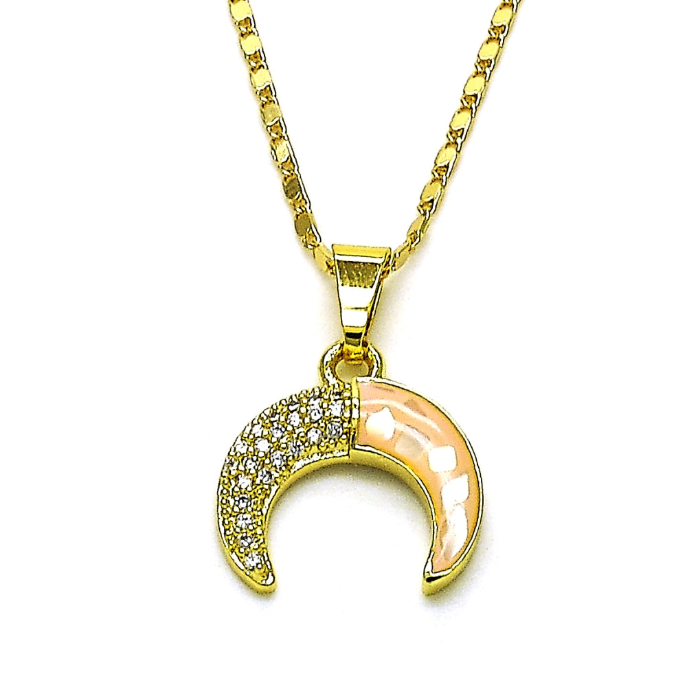 Oro Laminado Pendant Necklace, Gold Filled Style Moon Design, with Rose Mother of Pearl and White Micro Pave, Polished, Golden Finish