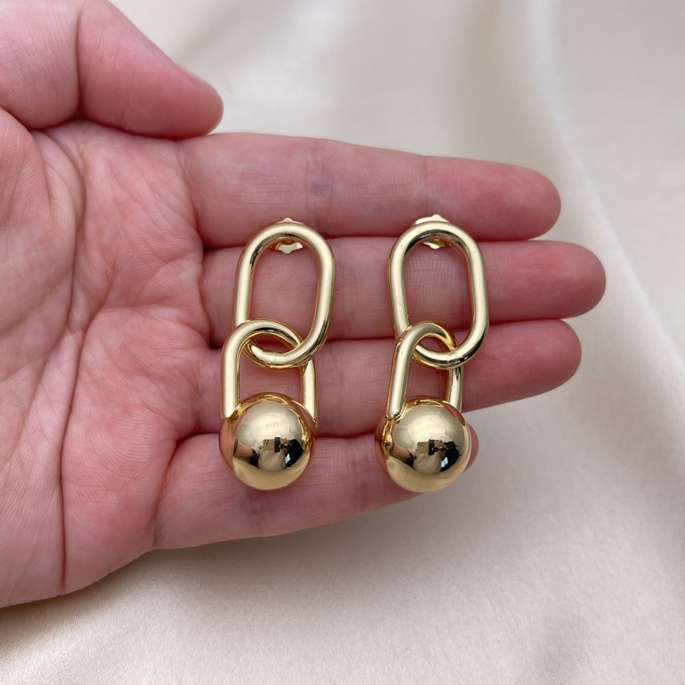 Oro Laminado Long Earring, Gold Filled Style Ball Design, Polished, Golden Finish