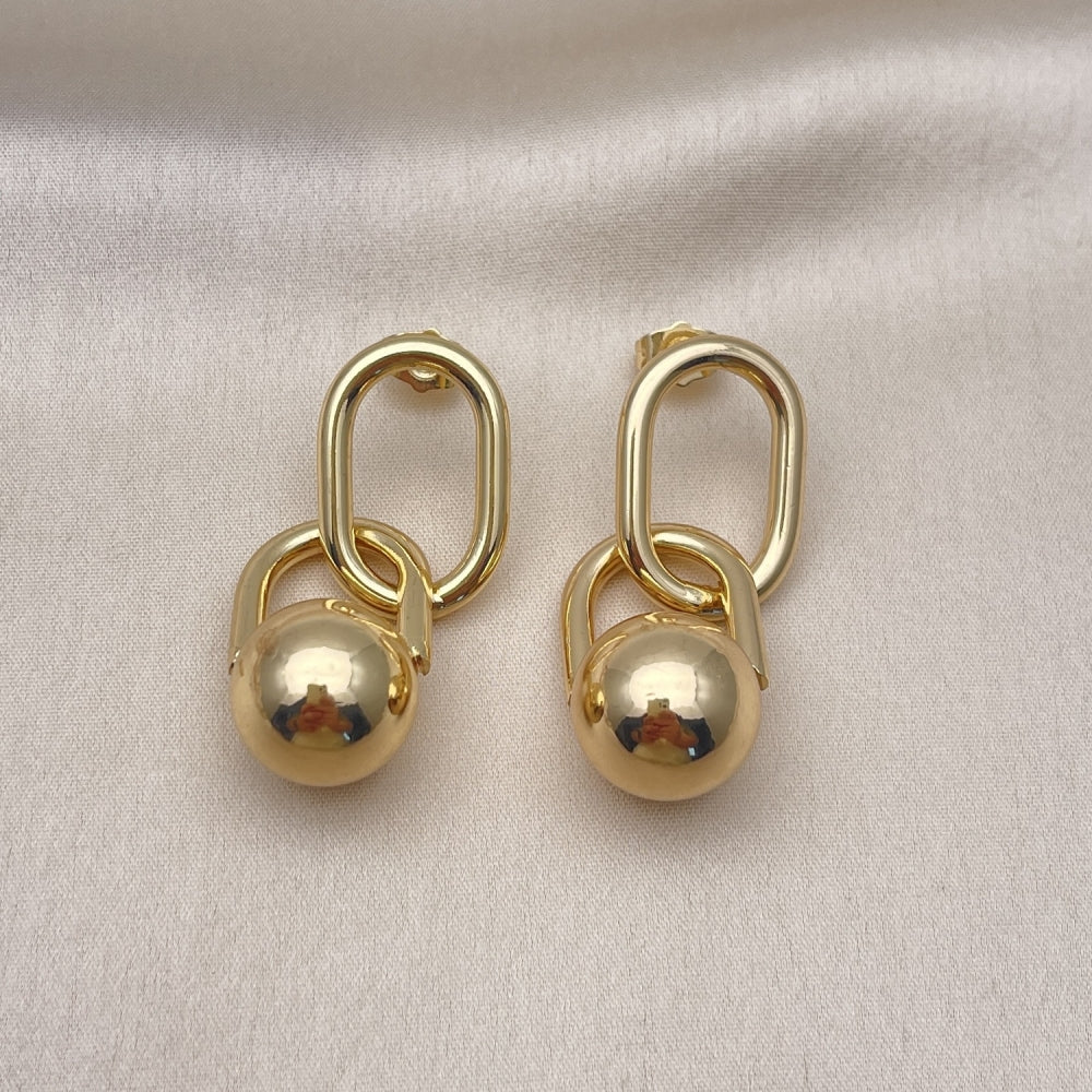 Oro Laminado Long Earring, Gold Filled Style Ball Design, Polished, Golden Finish
