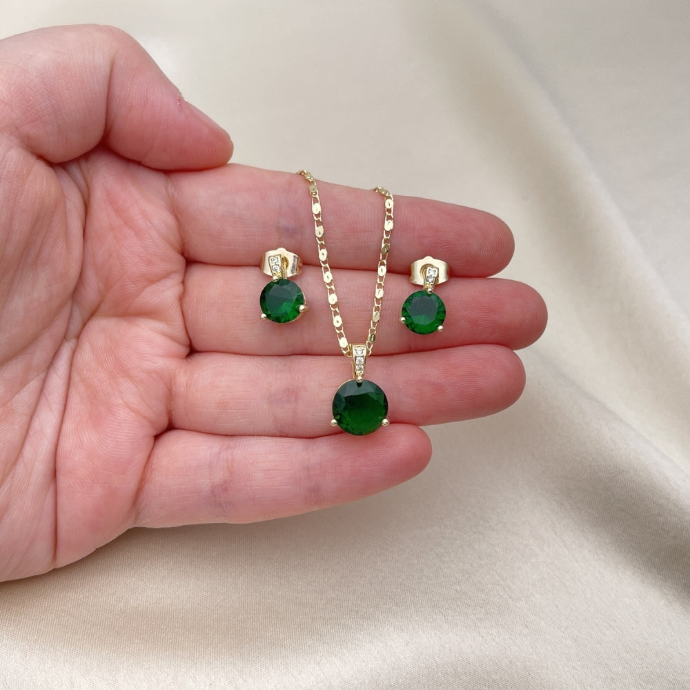 Oro Laminado Earring and Pendant Adult Set, Gold Filled Style with Green Cubic Zirconia and White Micro Pave, Polished, Golden Finish
