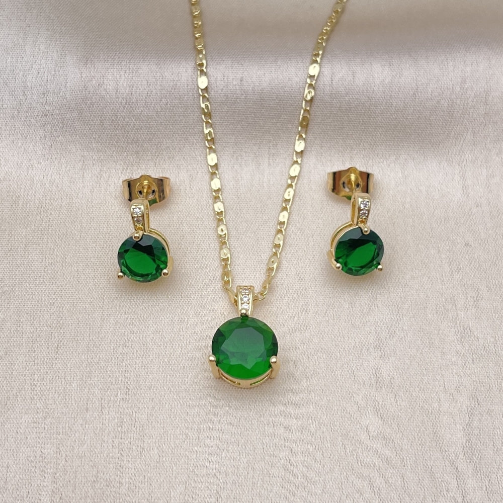 Oro Laminado Earring and Pendant Adult Set, Gold Filled Style with Green Cubic Zirconia and White Micro Pave, Polished, Golden Finish