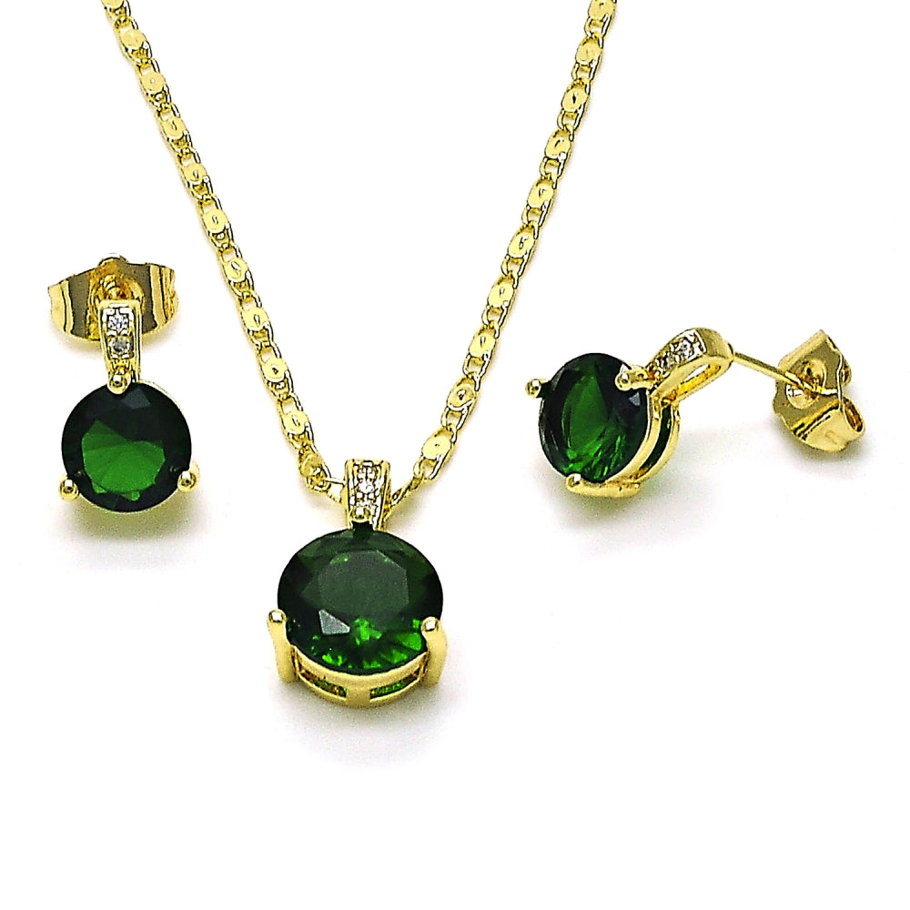 Oro Laminado Earring and Pendant Adult Set, Gold Filled Style with Green Cubic Zirconia and White Micro Pave, Polished, Golden Finish