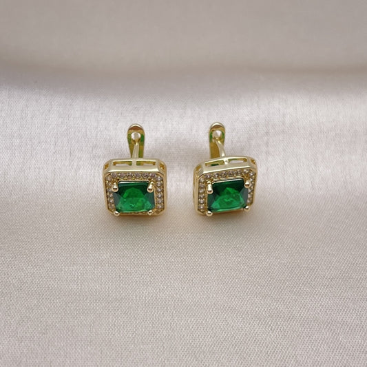 Oro Laminado Leverback Earring, Gold Filled Style with Green Cubic Zirconia and White Micro Pave, Polished, Golden Finish