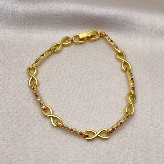 Oro Laminado Fancy Bracelet, Gold Filled Style Hugs and Kisses and Infinite Design, with Multicolor Micro Pave, Polished, Golden Finish
