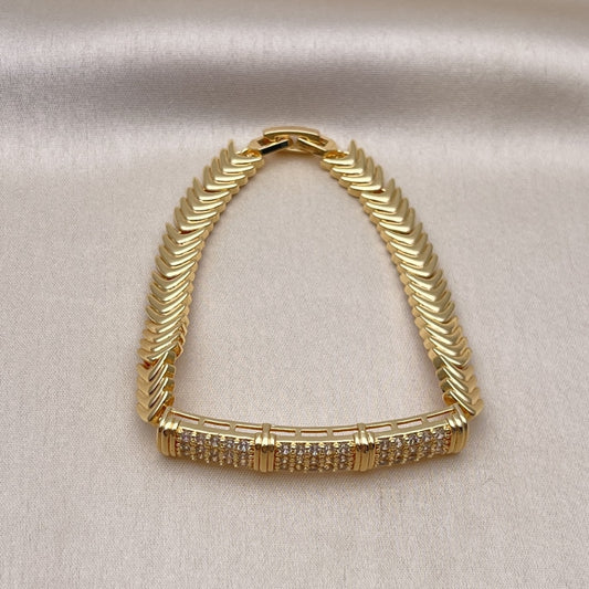 Oro Laminado Fancy Bracelet, Gold Filled Style Nameplate Design, with White Cubic Zirconia, Polished, Golden Finish