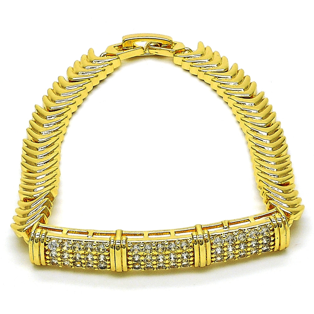 Oro Laminado Fancy Bracelet, Gold Filled Style Nameplate Design, with White Cubic Zirconia, Polished, Golden Finish