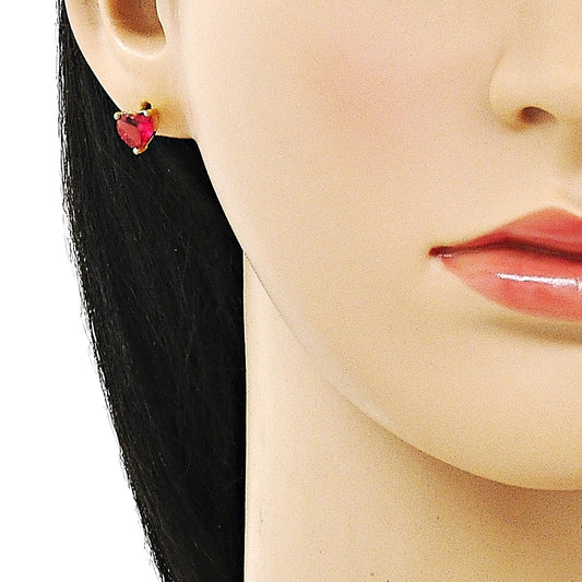 Oro Laminado Stud Earring, Gold Filled Style Heart Design, with Ruby Cubic Zirconia, Polished, Golden Finish