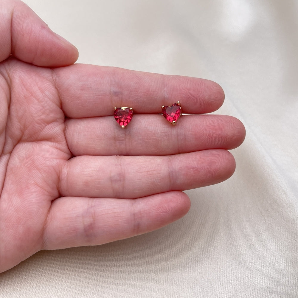 Oro Laminado Stud Earring, Gold Filled Style Heart Design, with Ruby Cubic Zirconia, Polished, Golden Finish