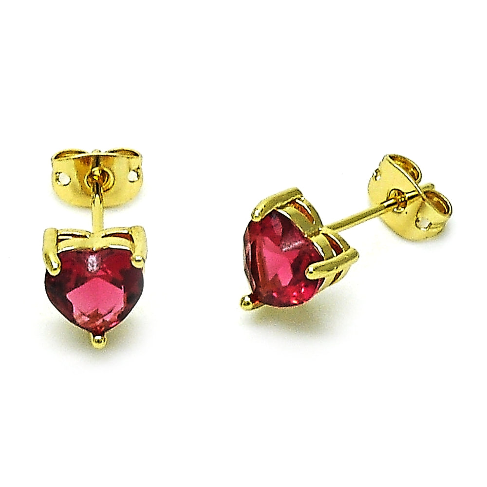 Oro Laminado Stud Earring, Gold Filled Style Heart Design, with Ruby Cubic Zirconia, Polished, Golden Finish