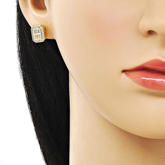 Oro Laminado Stud Earring, Gold Filled Style Baguette Design, with White Micro Pave and White Cubic Zirconia, Polished, Golden Finish