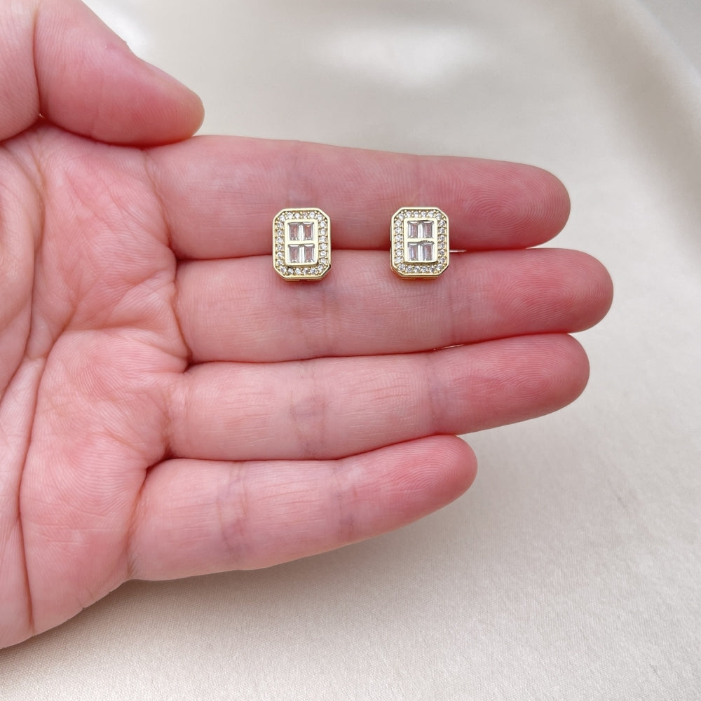 Oro Laminado Stud Earring, Gold Filled Style Baguette Design, with White Micro Pave and White Cubic Zirconia, Polished, Golden Finish