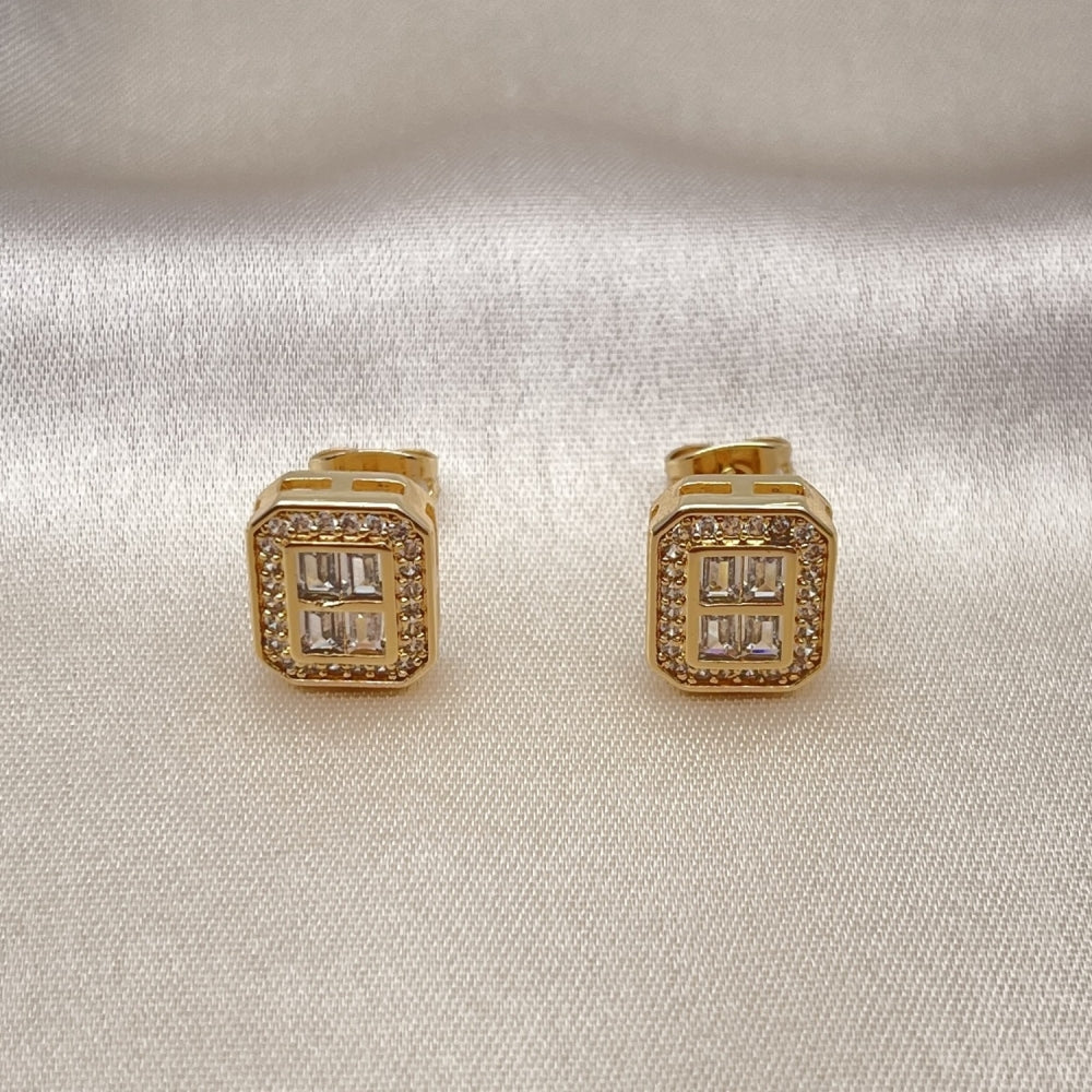 Oro Laminado Stud Earring, Gold Filled Style Baguette Design, with White Micro Pave and White Cubic Zirconia, Polished, Golden Finish