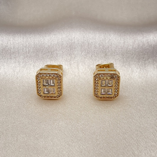 Oro Laminado Stud Earring, Gold Filled Style Baguette Design, with White Micro Pave and White Cubic Zirconia, Polished, Golden Finish