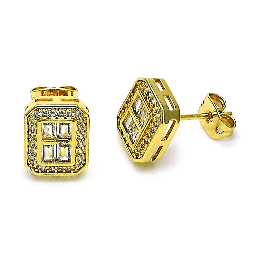 Oro Laminado Stud Earring, Gold Filled Style Baguette Design, with White Micro Pave and White Cubic Zirconia, Polished, Golden Finish