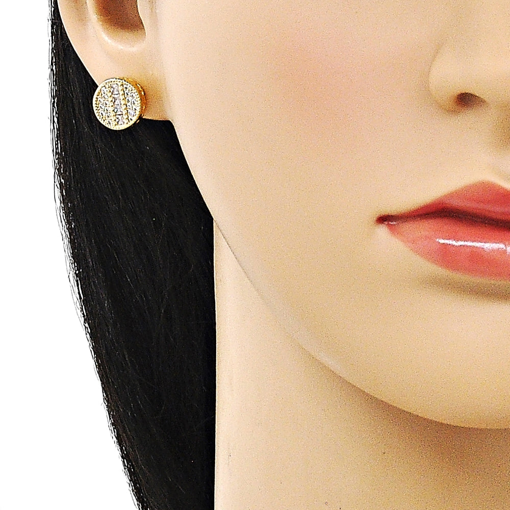 Oro Laminado Stud Earring, Gold Filled Style with White Micro Pave and White Cubic Zirconia, Polished, Golden Finish