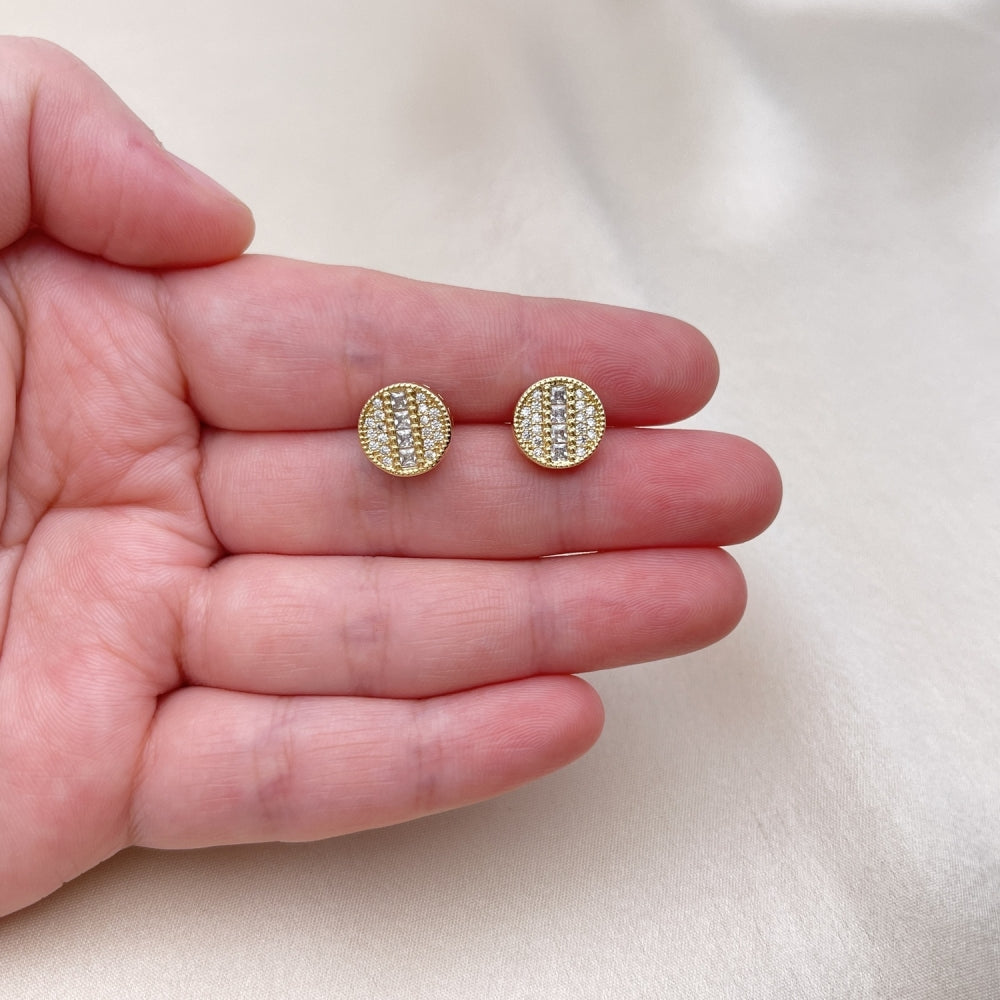 Oro Laminado Stud Earring, Gold Filled Style with White Micro Pave and White Cubic Zirconia, Polished, Golden Finish