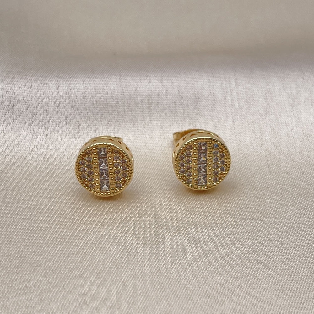 Oro Laminado Stud Earring, Gold Filled Style with White Micro Pave and White Cubic Zirconia, Polished, Golden Finish