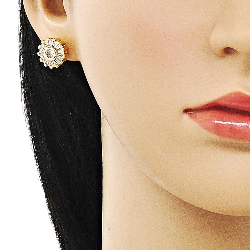 Oro Laminado Stud Earring, Gold Filled Style Baguette and Flower Design, with White Cubic Zirconia, Polished, Golden Finish