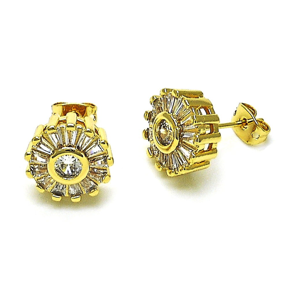 Oro Laminado Stud Earring, Gold Filled Style Baguette and Flower Design, with White Cubic Zirconia, Polished, Golden Finish
