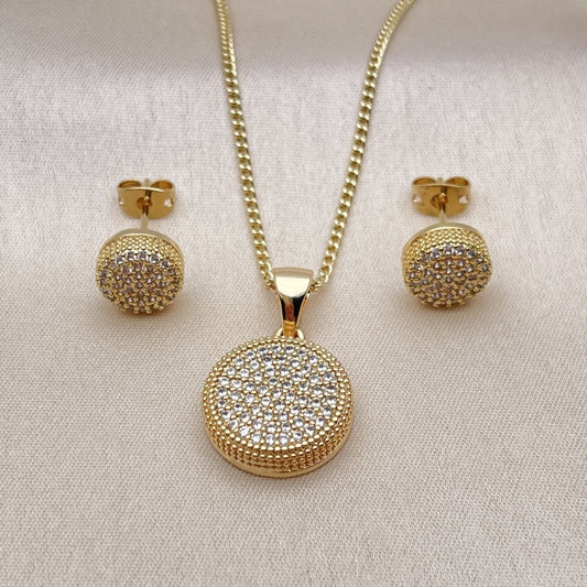 Oro Laminado Earring and Pendant Adult Set, Gold Filled Style with White Micro Pave, Polished, Golden Finish