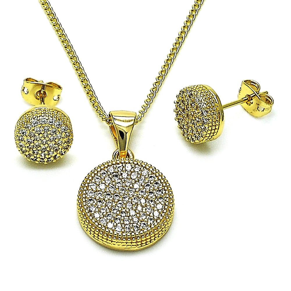 Oro Laminado Earring and Pendant Adult Set, Gold Filled Style with White Micro Pave, Polished, Golden Finish