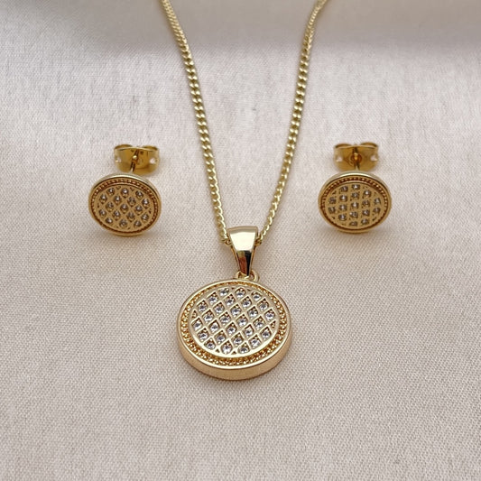 Oro Laminado Earring and Pendant Adult Set, Gold Filled Style with White Micro Pave, Polished, Golden Finish