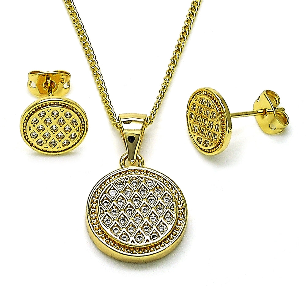 Oro Laminado Earring and Pendant Adult Set, Gold Filled Style with White Micro Pave, Polished, Golden Finish
