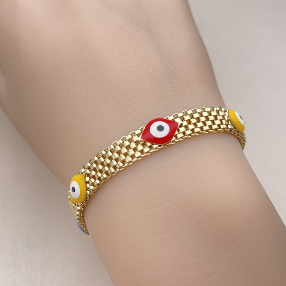 Oro Laminado Fancy Bracelet, Gold Filled Style Evil Eye and Bismark Design, Multicolor Enamel Finish, Golden Finish