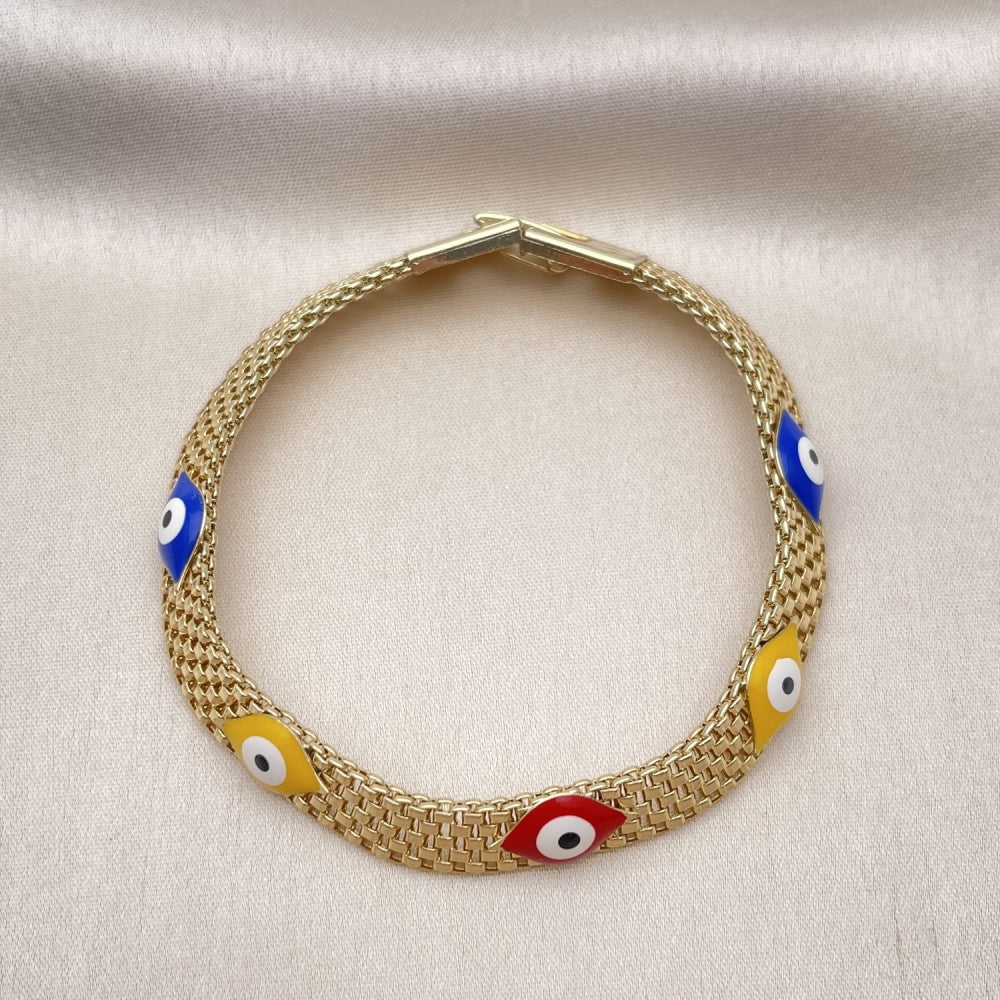 Oro Laminado Fancy Bracelet, Gold Filled Style Evil Eye and Bismark Design, Multicolor Enamel Finish, Golden Finish