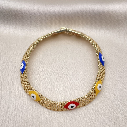 Oro Laminado Fancy Bracelet, Gold Filled Style Evil Eye and Bismark Design, Multicolor Enamel Finish, Golden Finish