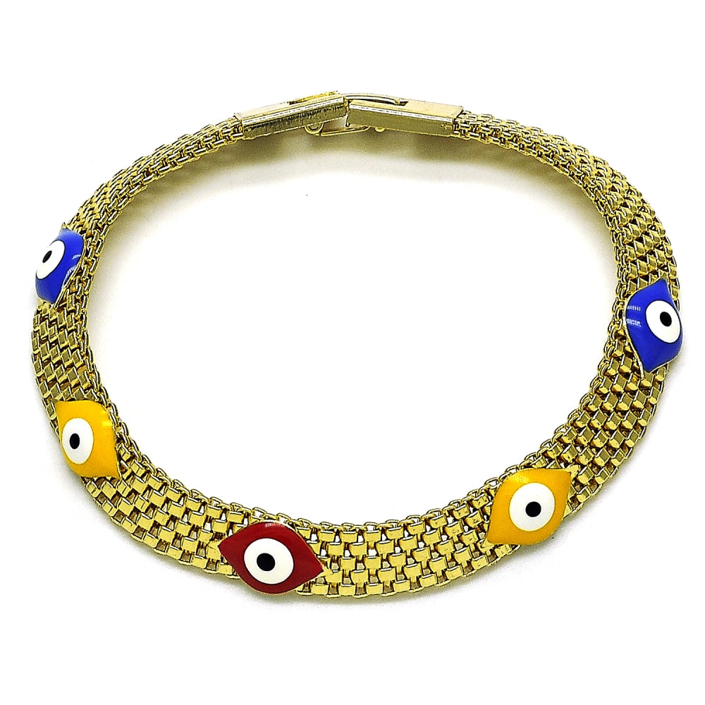 Oro Laminado Fancy Bracelet, Gold Filled Style Evil Eye and Bismark Design, Multicolor Enamel Finish, Golden Finish