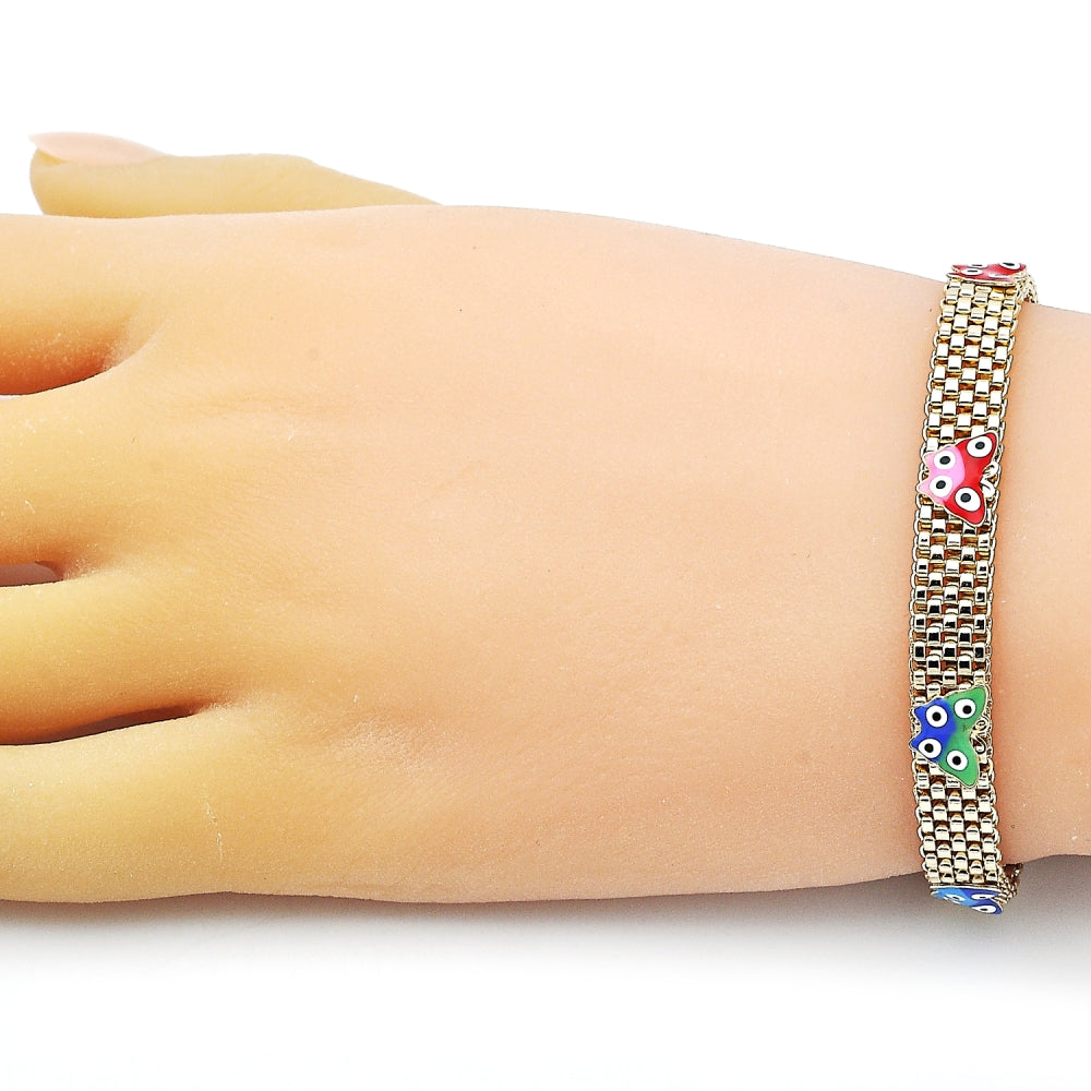 Oro Laminado Fancy Bracelet, Gold Filled Style Butterfly and Bismark Design, Multicolor Enamel Finish, Golden Finish