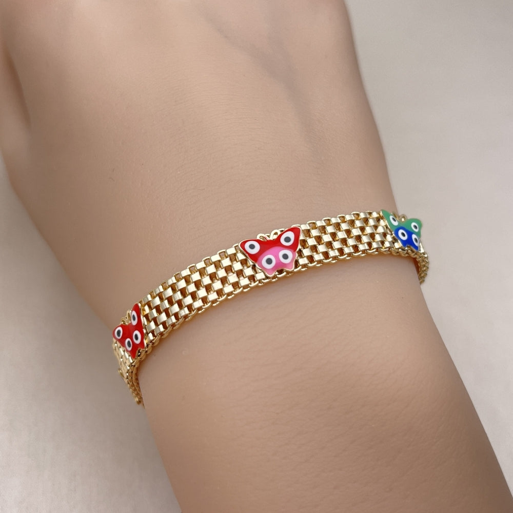 Oro Laminado Fancy Bracelet, Gold Filled Style Butterfly and Bismark Design, Multicolor Enamel Finish, Golden Finish