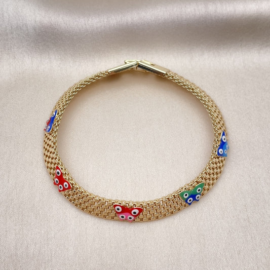 Oro Laminado Fancy Bracelet, Gold Filled Style Butterfly and Bismark Design, Multicolor Enamel Finish, Golden Finish