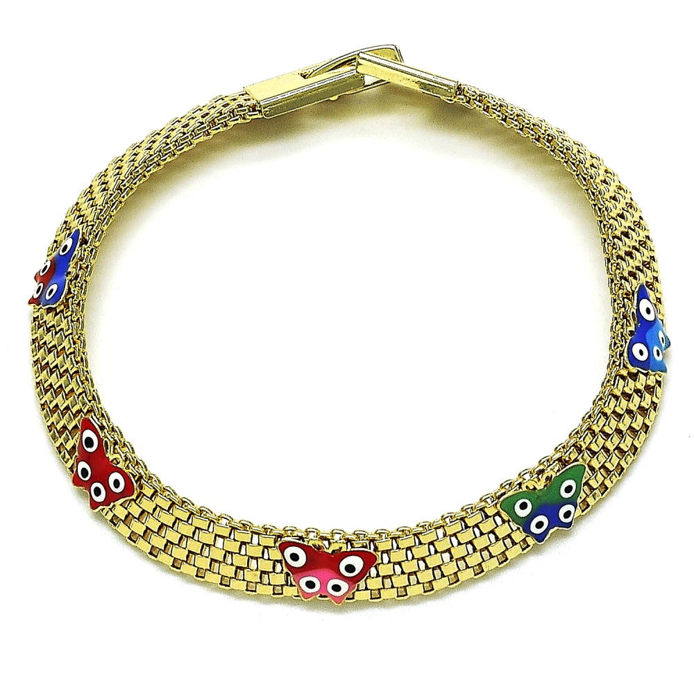 Oro Laminado Fancy Bracelet, Gold Filled Style Butterfly and Bismark Design, Multicolor Enamel Finish, Golden Finish