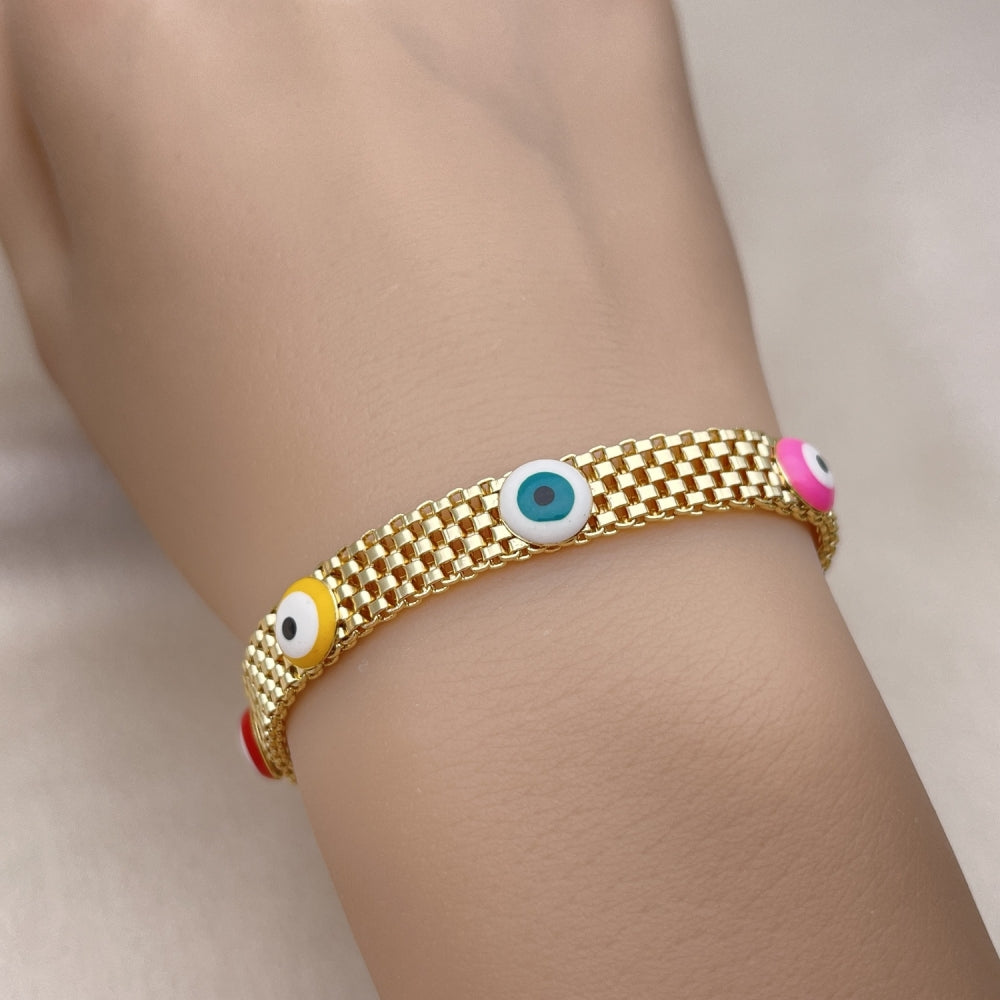 Oro Laminado Fancy Bracelet, Gold Filled Style Evil Eye and Bismark Design, Multicolor Enamel Finish, Golden Finish