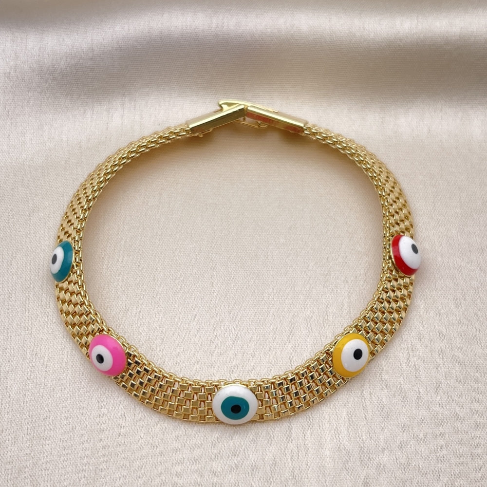 Oro Laminado Fancy Bracelet, Gold Filled Style Evil Eye and Bismark Design, Multicolor Enamel Finish, Golden Finish