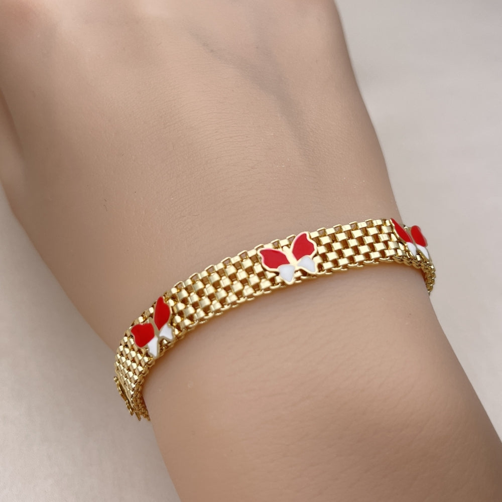 Oro Laminado Fancy Bracelet, Gold Filled Style Butterfly and Bismark Design, Red Enamel Finish, Golden Finish