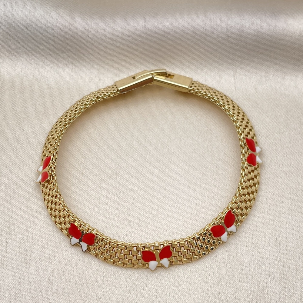 Oro Laminado Fancy Bracelet, Gold Filled Style Butterfly and Bismark Design, Red Enamel Finish, Golden Finish