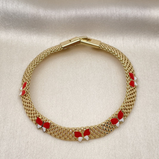 Oro Laminado Fancy Bracelet, Gold Filled Style Butterfly and Bismark Design, Red Enamel Finish, Golden Finish