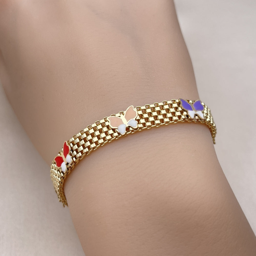 Oro Laminado Fancy Bracelet, Gold Filled Style Butterfly and Bismark Design, Multicolor Enamel Finish, Golden Finish